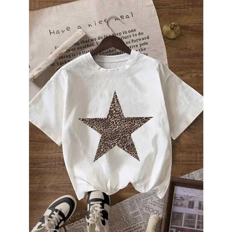 Leopard Print and Star Print Round Neck Short Sleeved Womens Casual T-shirt Fashion Trend Harajuku Womens T-shirt M260317