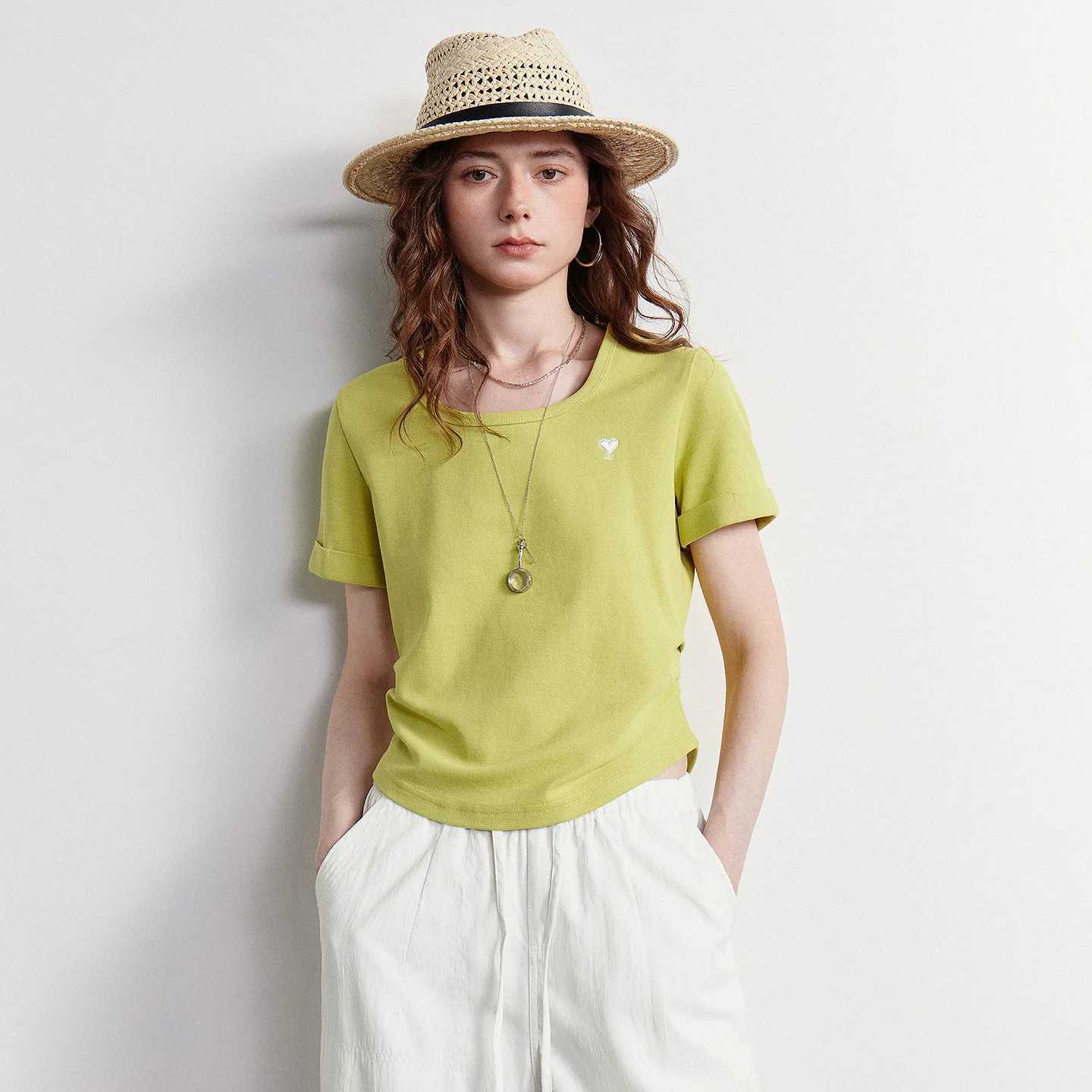 TOYOUTH Women T-shirt 2026 Summer New Breathable Bead Floor Short Fit Waist Cinched Square Neck American Top M260317