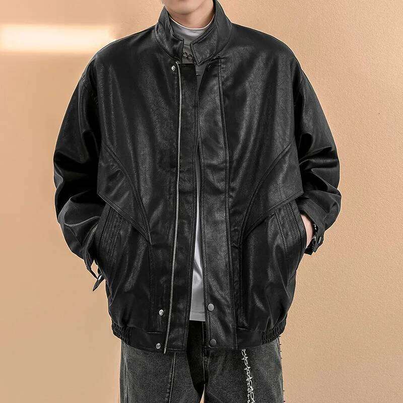 Baseball Collar Black Autumn Men Green Man Trendy Casual Pu Jacket Male Loose Motorcycle Faux Leather Coat
