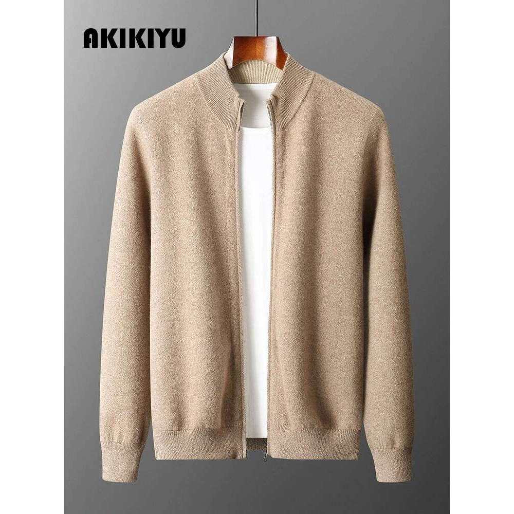 New Luxury Men Zipper Cardigan Cashmere Sweater Autumn Winter Thick Smart Casual 100% Merino Wool Knitwear Double Sided Wearable AKIKIYU
