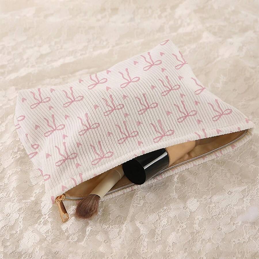 & Designed Minimally Pink Bow Pattern Printed Corduroy Zipper Makeup Bag Lightweight And Multifunctional Cosmetic Storage Bag