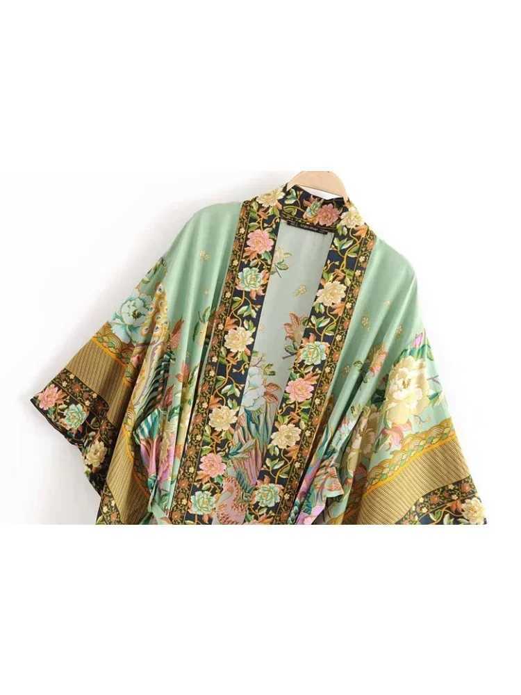 Peacock Floral Print Bat Slve Beach Bohemian Kimono Robe for Women Ladies Beachwear Summer Dress Bikini Boho Cover-ups X260316