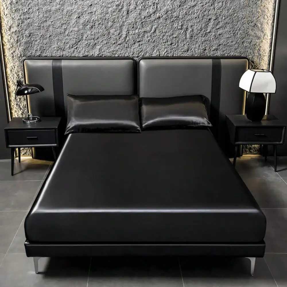 2/3pcs Luxurious Solid Silky Satin Fitted Sheet With Pillowcases For Soft And Comfortable BeddingFor Bedrooms And Guest Rooms D260317