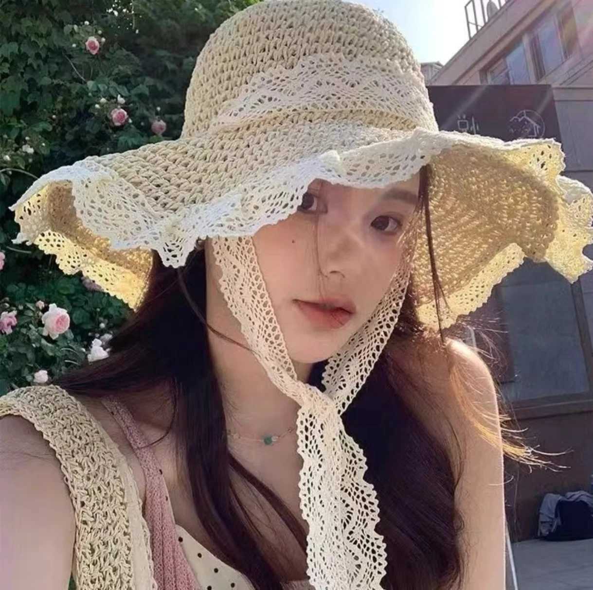 Womens INS Style Straw Hat Lace Edge Hollow Out Weave Sun Hat with Tie Strap Summer Beach UV Protection Visor Hat H260317 - view 5