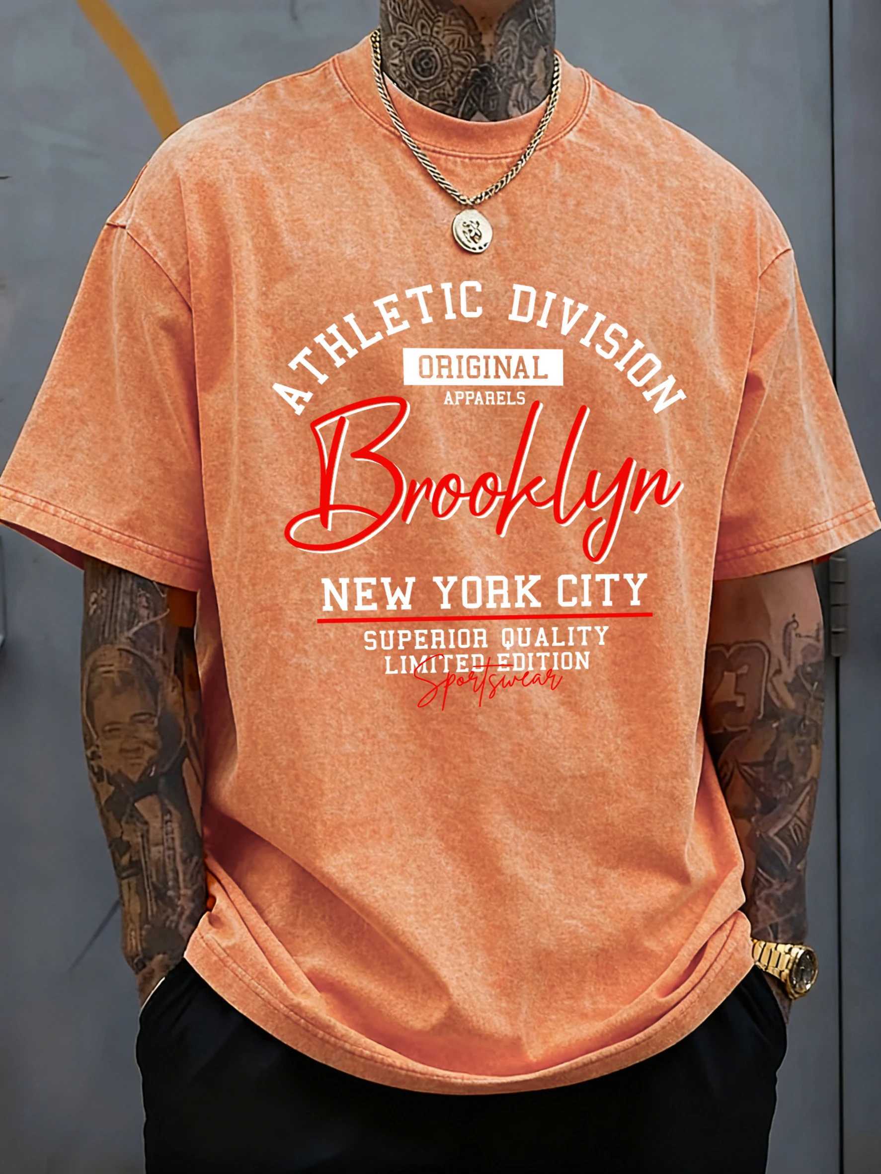 Brooklyn New York City Art Letter Print Man Washed T-Shirt Sport Summer T Shirt Cotton Loose Short Sleeve O-Neck Soft Sportswear M260317