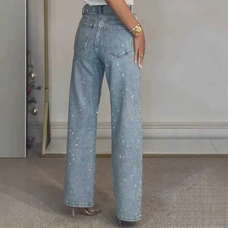 2025 Women Jeans Straight Diamonds Pants Stretch High Waist Washed Mom Jeans Y2k Streetwear Trousers Vintage Denims StreetwearT260317