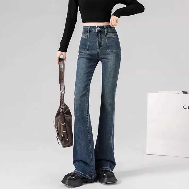 Spring Woman High Waist Vintage Flare Jeans s Korean Y2k 2000s Bell Bottom Pants Female Streetwear Gray Blue Denim Trousers M260317