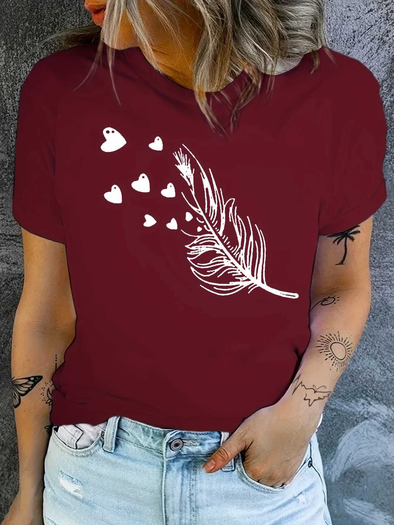 Blue Feather Hearts Womens Tee - Delicate Graphic Soft Romantic Print for Casual Daily Wear M260317