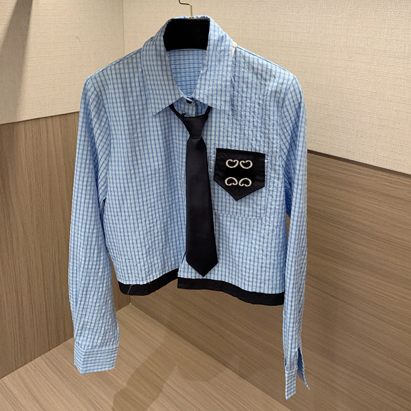 Preppy Style Cropped Shirt Women Letter Embroidered Plaid Blouse With Tie Street Style Long Sleeve Tops