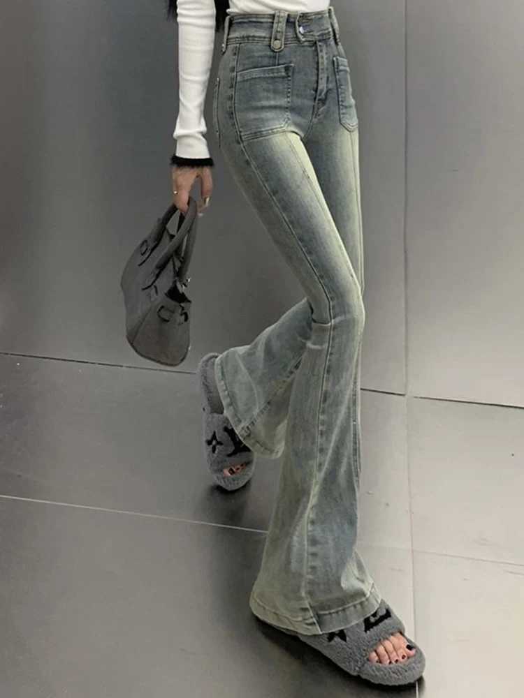 Female High Waist Elastic Micro Flared Woman Hong Kong Style Denim Bell Bottom Pants Woman Retro Blue Oversized Boot Cut Jeans M260317