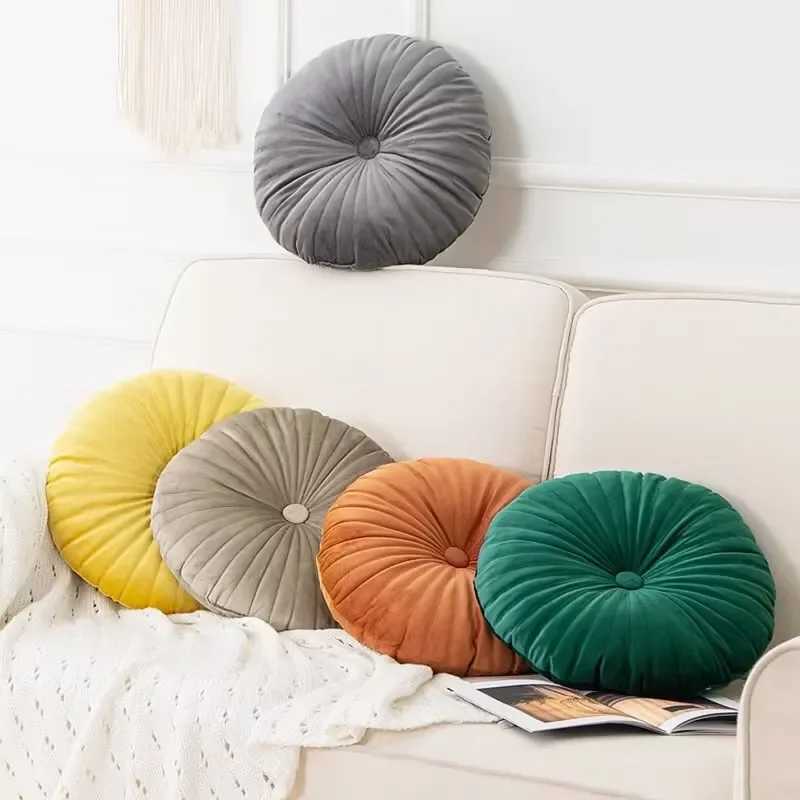 Nordic Pumpkin Throw Pillow Soft Velvet Double Sided Embroidered Button Pillow Circular Tatami Sofa Chair Seat Cushion Luxury D260317