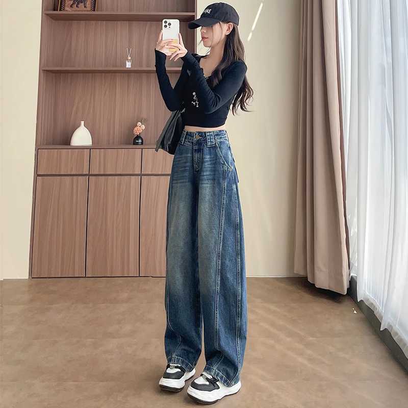 High Waist Loose Wide Leg Jeans Women Y2K Cotton Personalized Design Casual Straight Denim Fashion Tube Loose Plus TrousersT260317