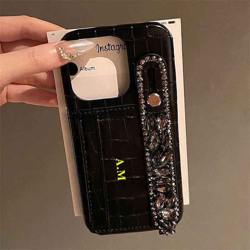crocodile skin leather phone case cust Name for iPhone12 13 14 15 16Prax 16plusanti-fall card holder wristband diamond C260314