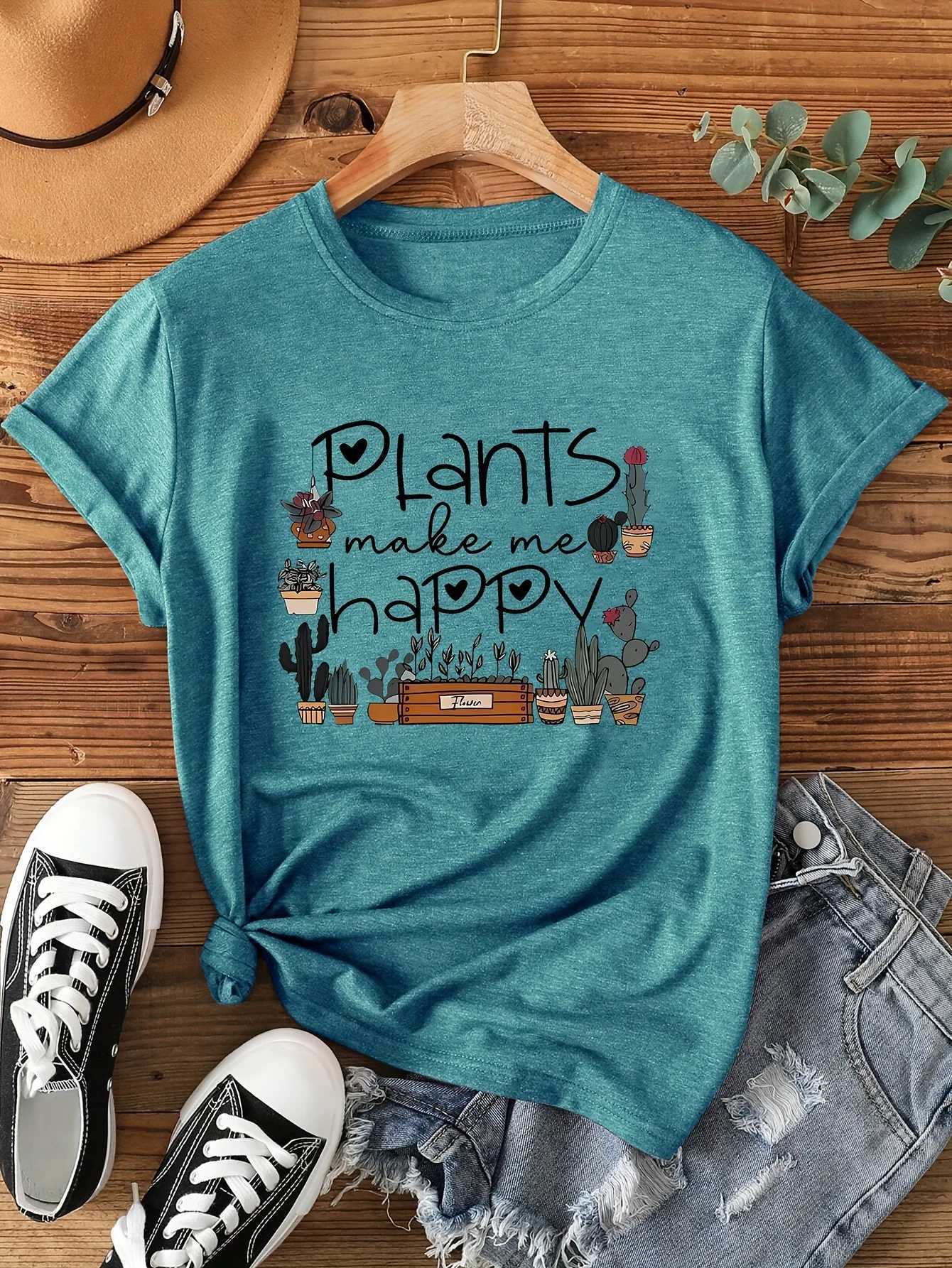 Plants Make Me Happy Womens Tee - Cute Plant Lover Graphic Casual Green Top M260317