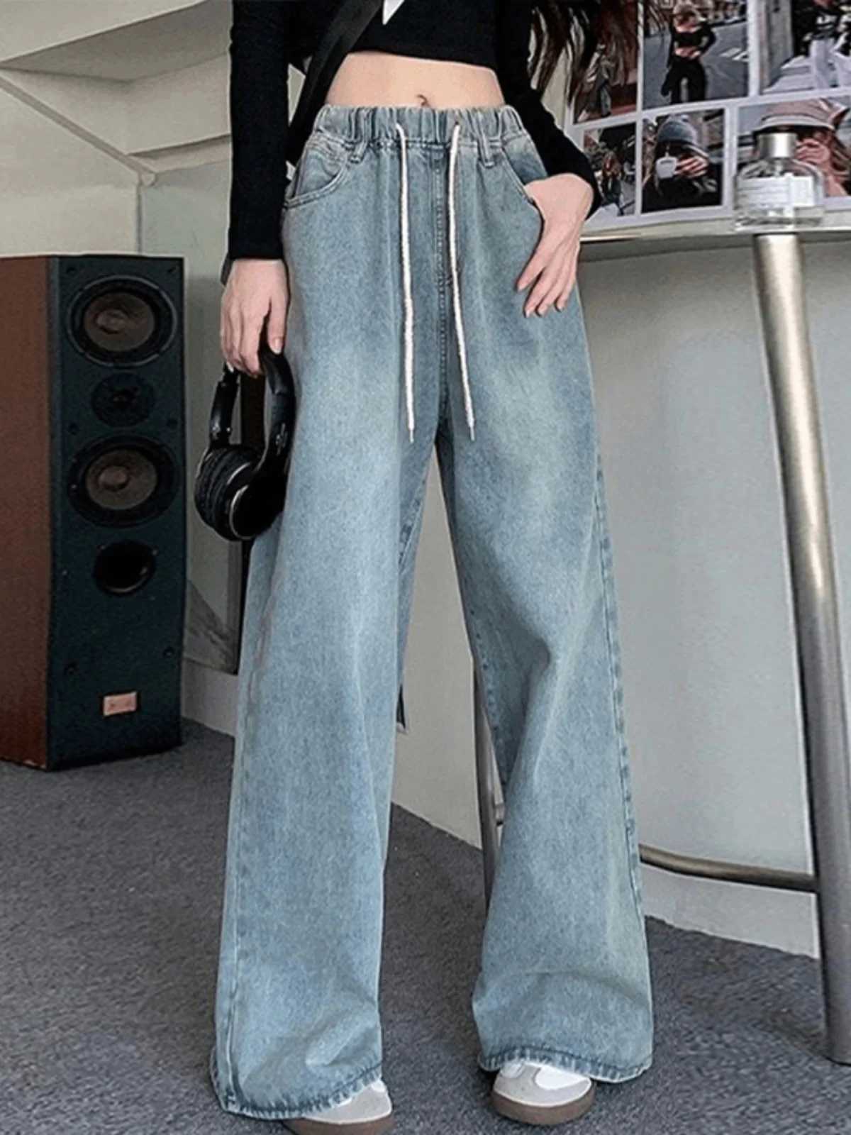 Botvotee Loose Straight Wide Leg Jeans For Women High Waist Elastic Waist Blue Denim Fashion Pants New Arrival Trendy StyleT260317