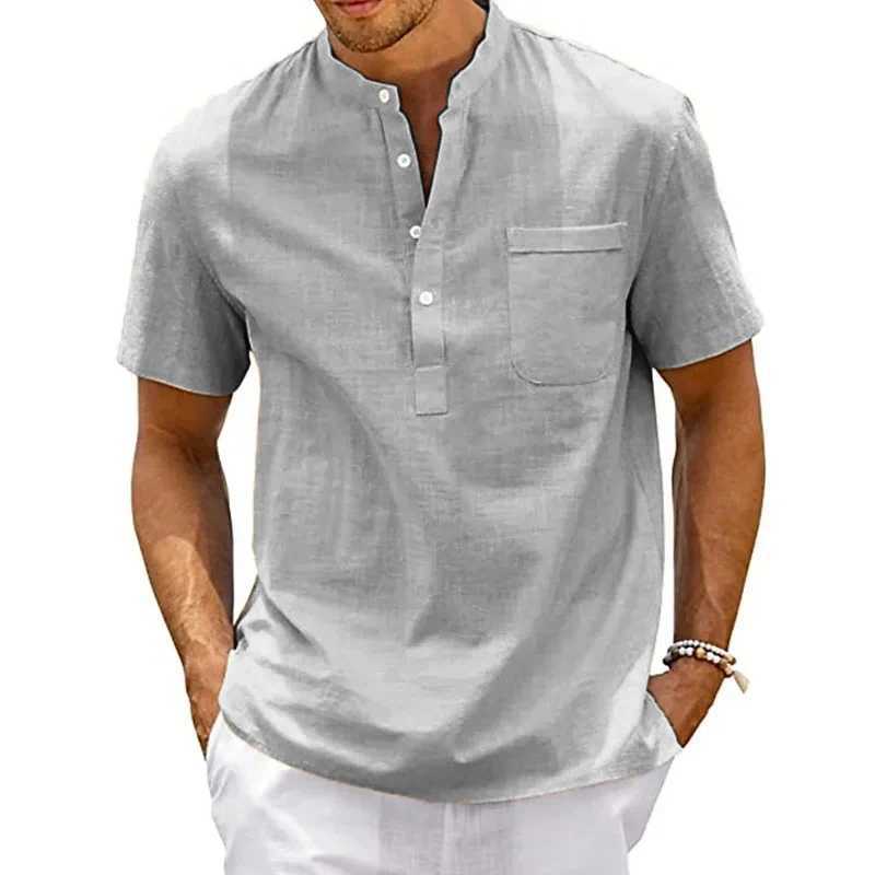 Summer Mens Cotton Short Sleeve T-shirt Solid Color Stand Collar Loose Pullover Shirt Thin Soft Comfortable Button T-shirt Top M260317
