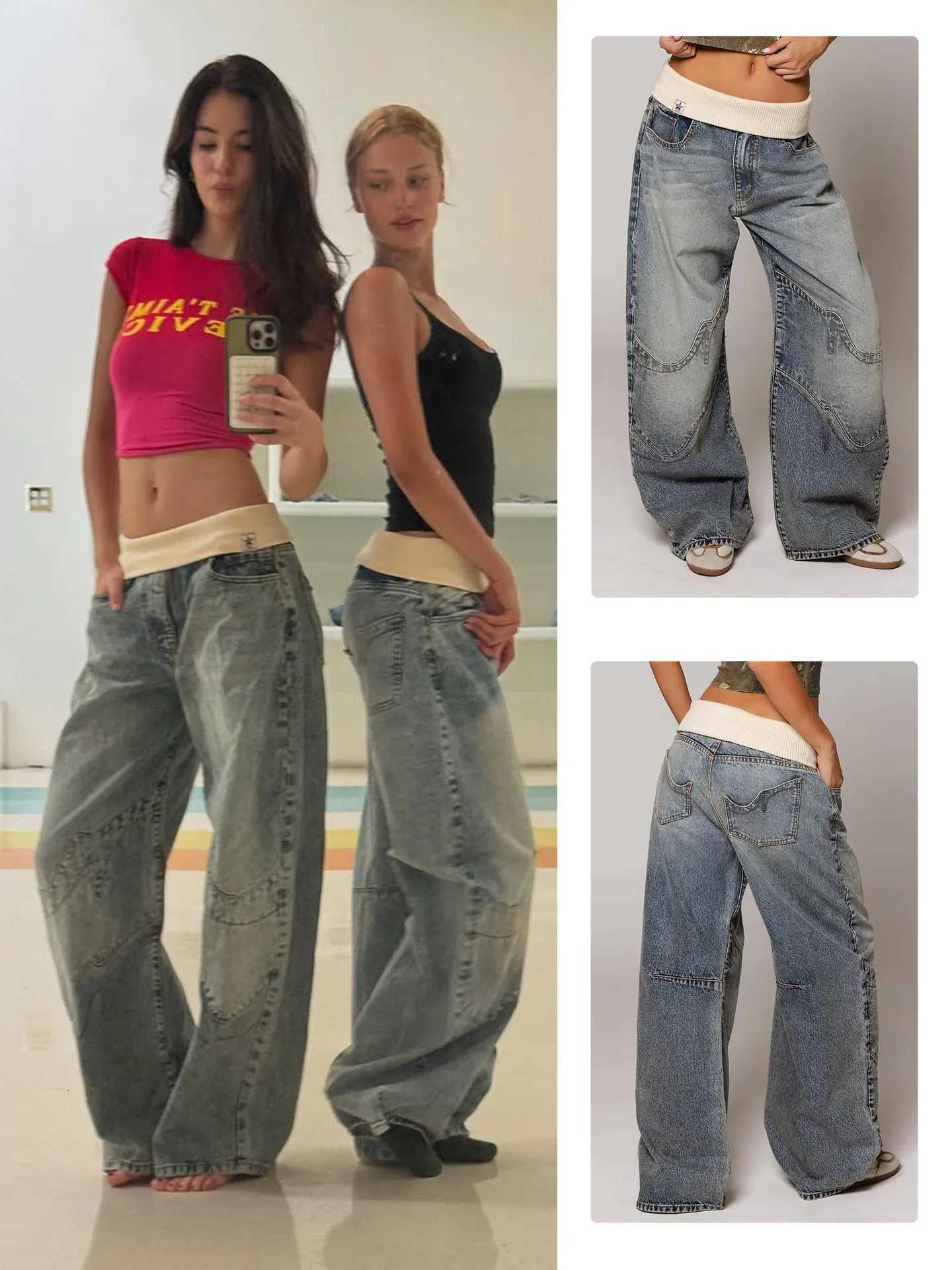 Revic Threaded Waistband Straight Leg Jeans Vintage Washed Light Blue Wide Leg Pants with Heavy EmbroideryT260317
