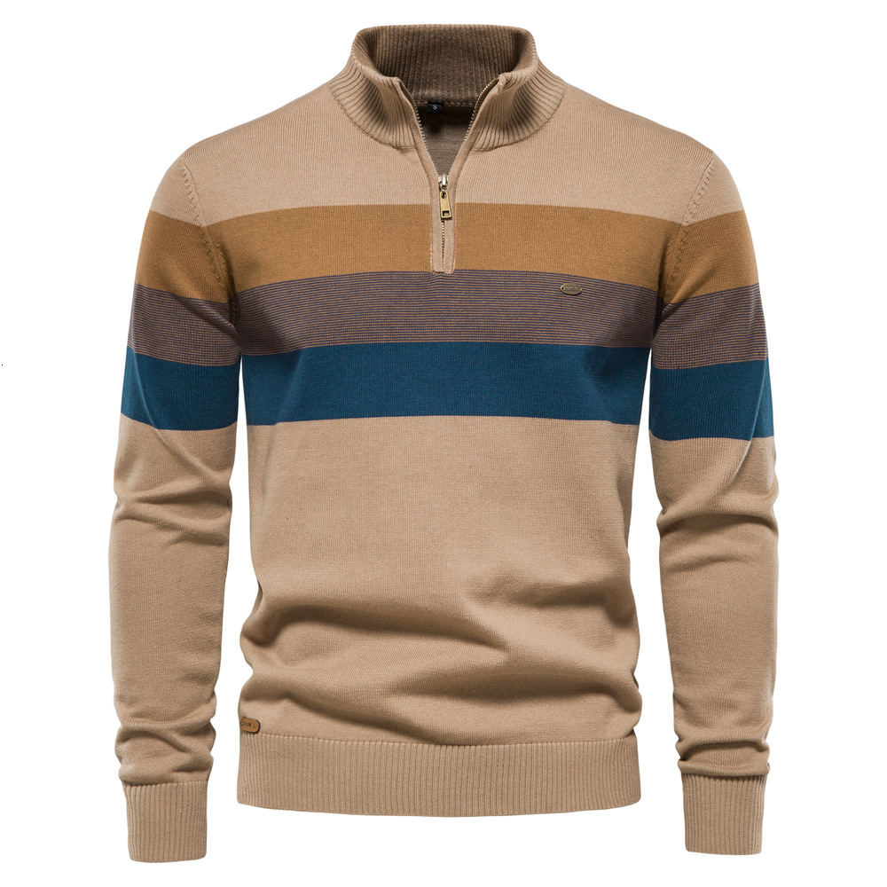 Fashion Hoodie Autumn Winter Men's Shirt Halfzip Polo Sweater Pullover Striped Patchwork Knitwear