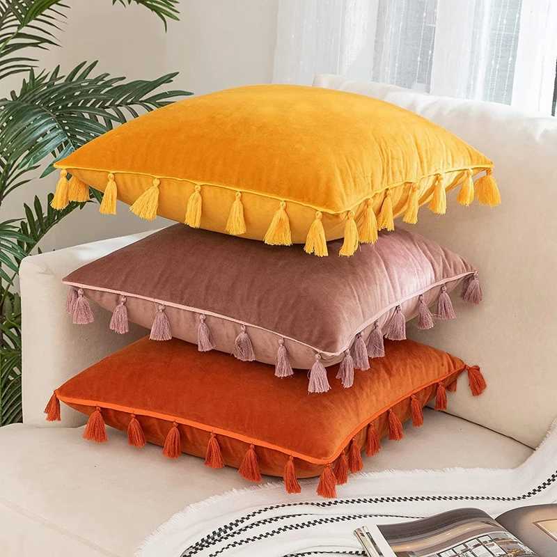 Velvet Soft Solid Decorative Throw Pillow Cover with Tassels Boho Accent Luxury Gift Cushion Case for Couch Bedroom Car Yellow D260317