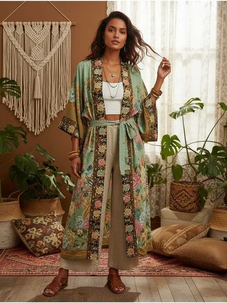 Peacock Floral Print Bat Slve Beach Bohemian Kimono Robe for Women Ladies Beachwear Summer Dress Bikini Boho Cover-ups X260316