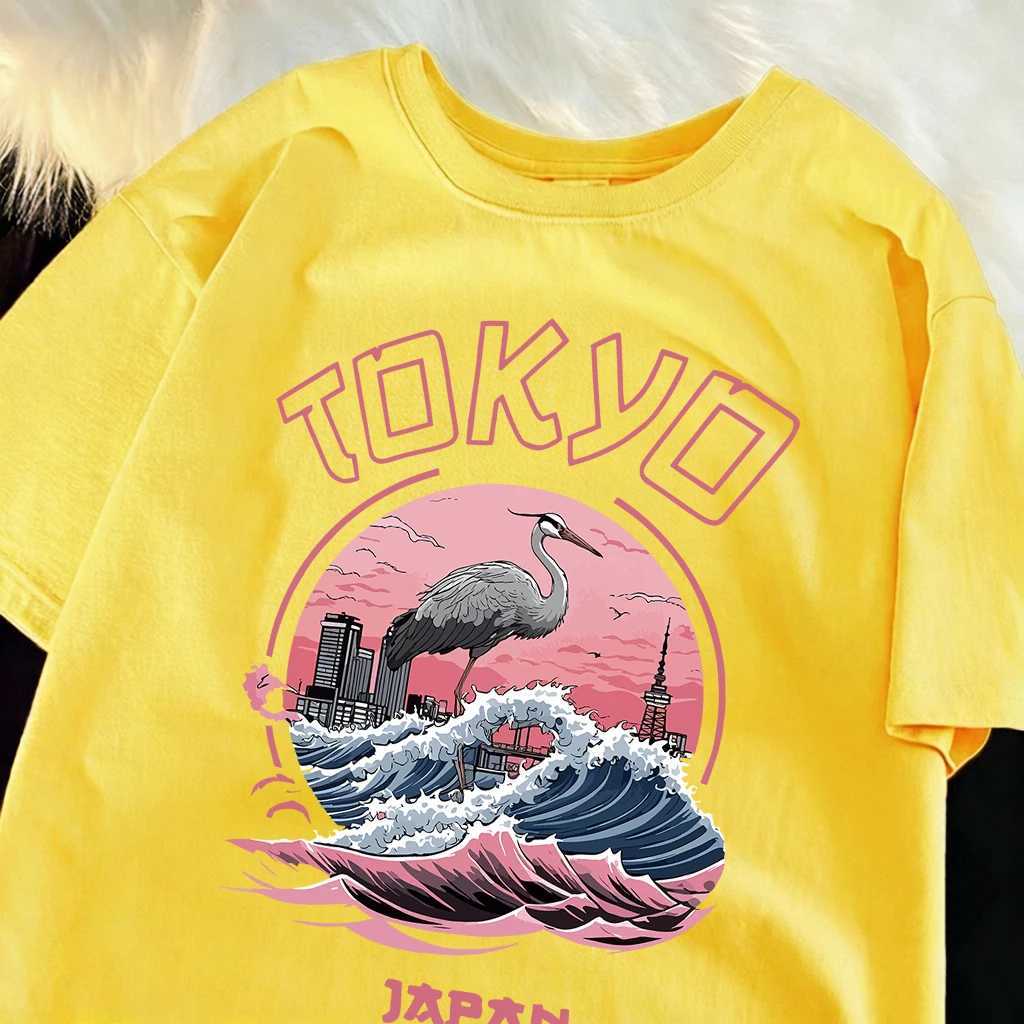 Tokyo Japan Harajuku Crane Waves Man T-Shirt Loose Cotton Retro Tee O-Neck Basics Short Sleeve Fashion Unisex Summer Clothing M260317