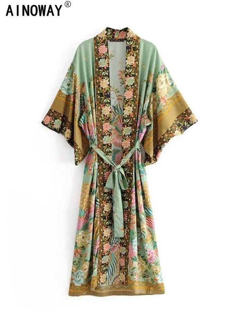 Peacock Floral Print Bat Slve Beach Bohemian Kimono Robe for Women Ladies Beachwear Summer Dress Bikini Boho Cover-ups X260316