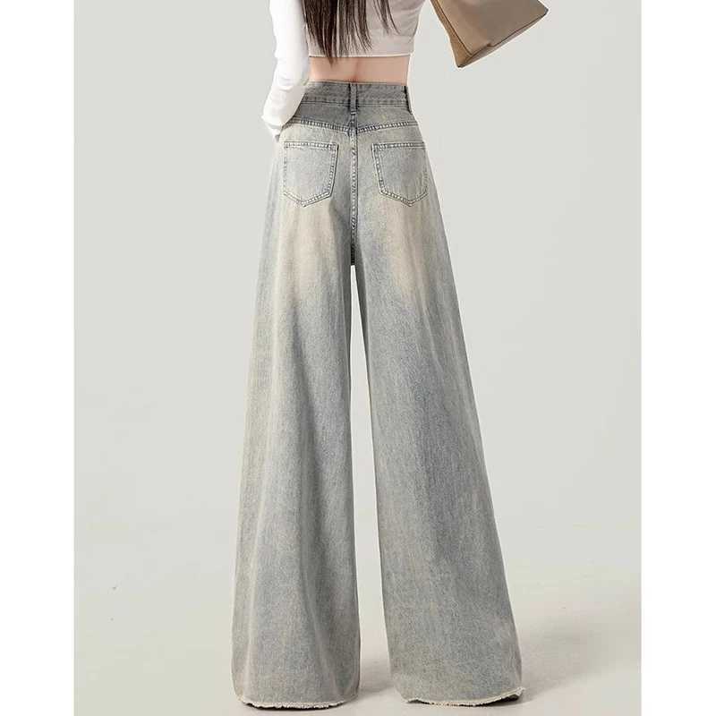 Chic Designer Lady Raw Edge High Waist Jeans Pants Women Fashion Straight Leg Denim Pants s Korean Casual Loose Trousers M260317