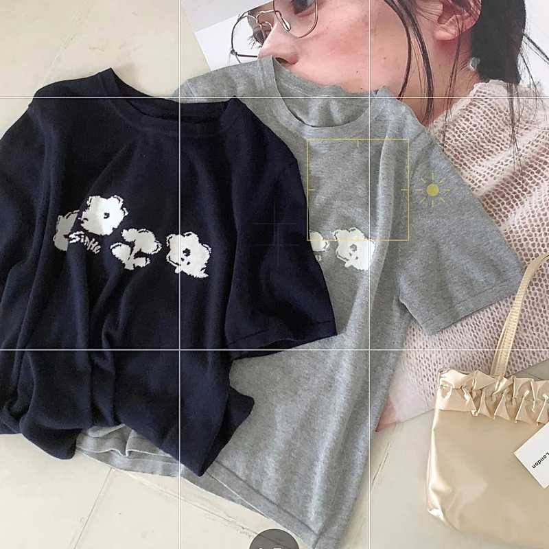 Summer Womens Short Sleeve 100 Cotton T-Shirt Sweater Knit Round Neck Ladies Top Loose Fashion Embroidery Tees Blouse Pullover M260317