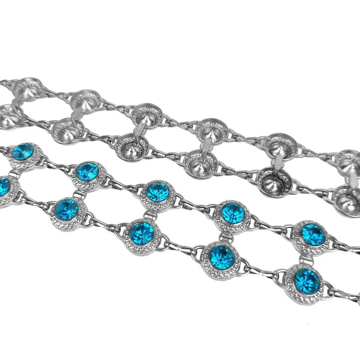 Fashion blue rhinestone waist chain luxury ethnic style silver hollow chain decorated with thin waist belt women accessories H260316 - view 6