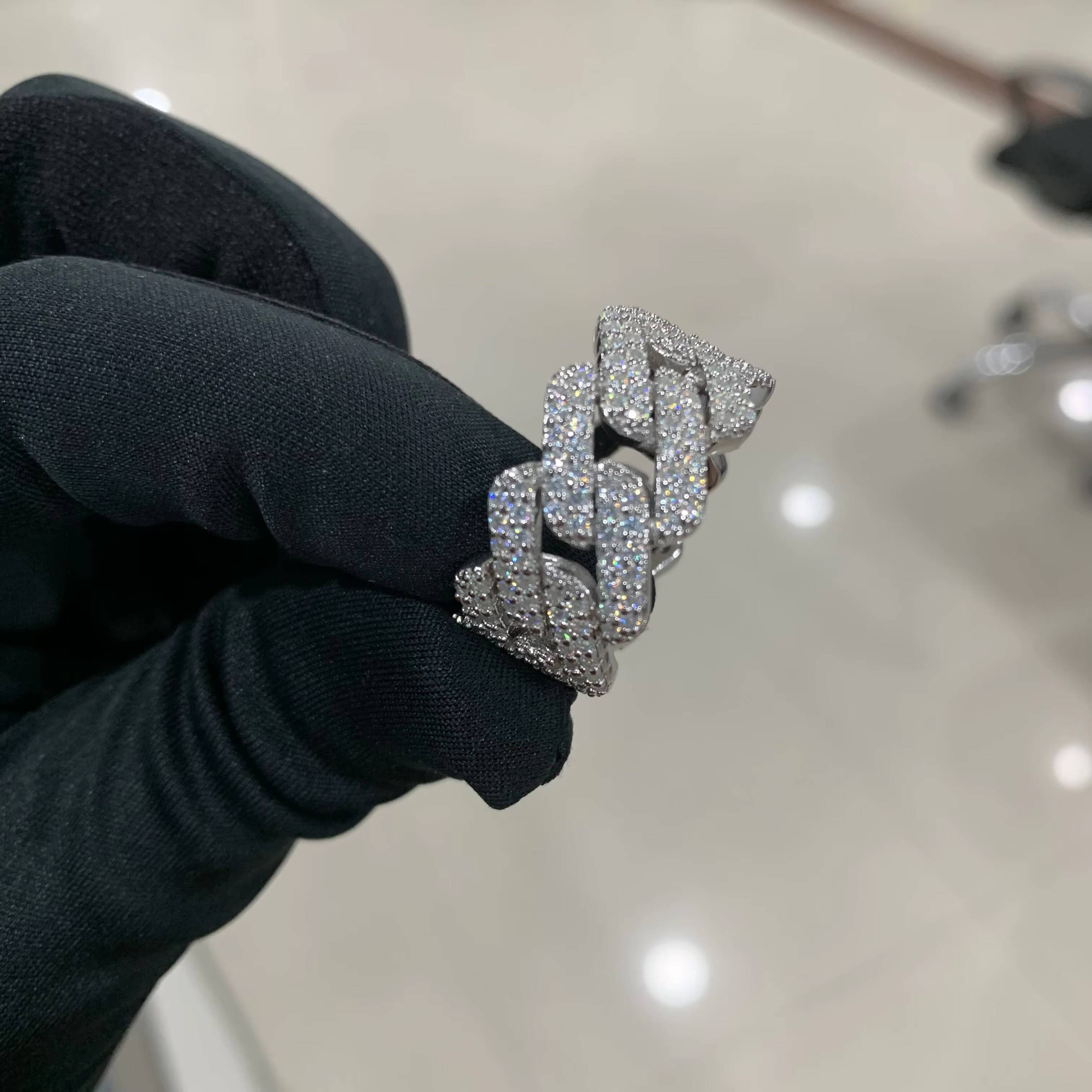 Fine Jewelry Iced Out Hip Hop Cuban Link Ring 925 Sterling Silver VVS Moissanite Diamond Finger Band Moissanite Ring for Men