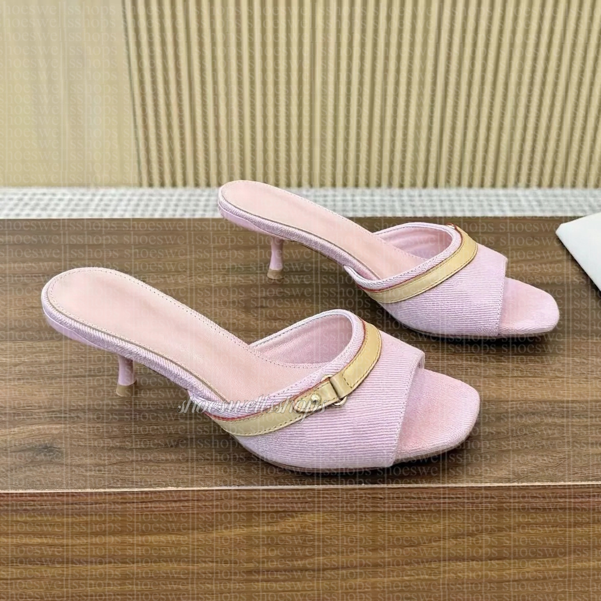 heels x TM Mule lvslys pink high heeled designer womens pink denim mules Signature Leather outsole models stiletto heel feminine style casual mule sandals