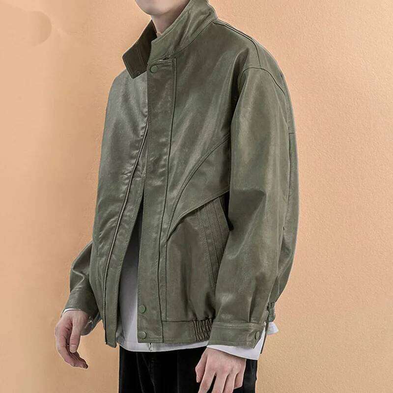 Baseball Collar Black Autumn Men Green Man Trendy Casual Pu Jacket Male Loose Motorcycle Faux Leather Coat
