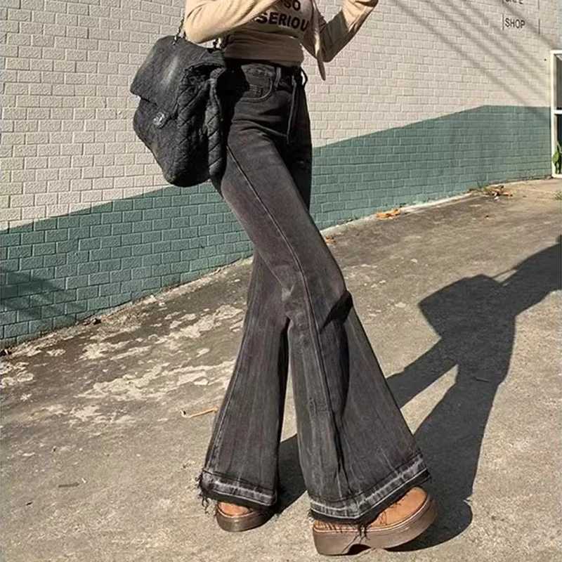 Woman High Waist Vintage Casual Flare Jeans s Elastic Slim Fit Bell Bottom Pants Lady Fashion Blue Black Grey Denim Trousers M260317