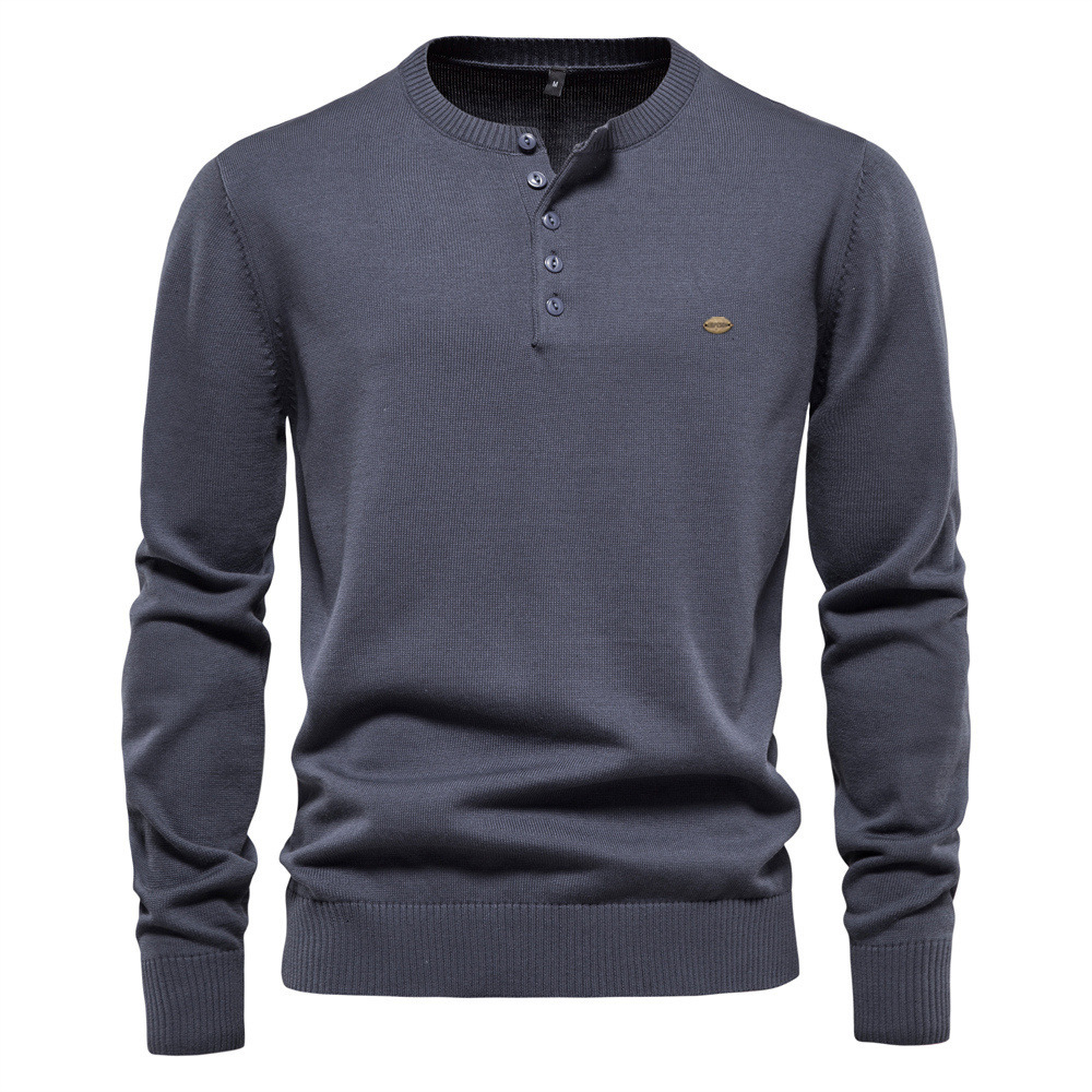 European Size Polo Hoodie Autumn Winter Men's Sweater Solid Color Henley Shirt Collar Pullover Knitted Sweater Men's Urban Casual
