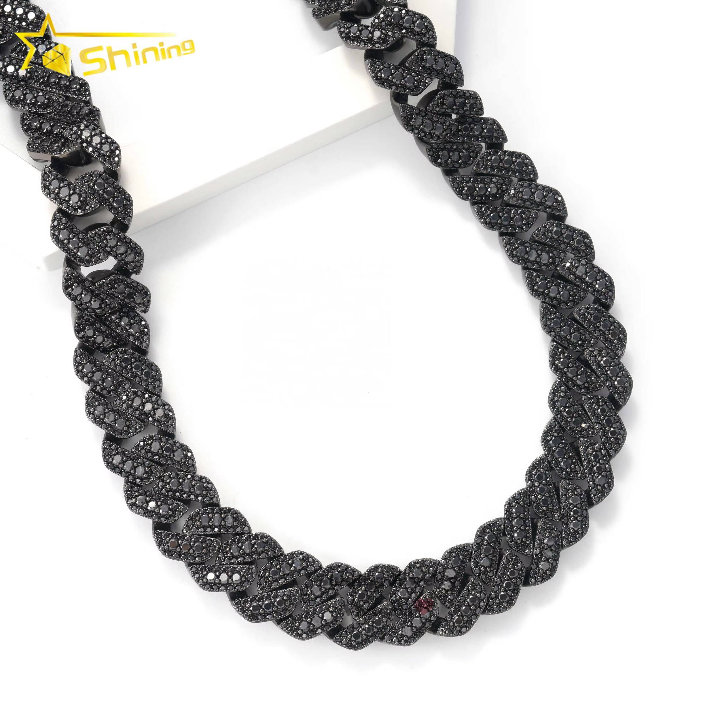 Thickness Big Hiphop Cuban Chain 925 Sterling Silver Black Gold Plated 18mm Moissanite Black Cuban Link Chain