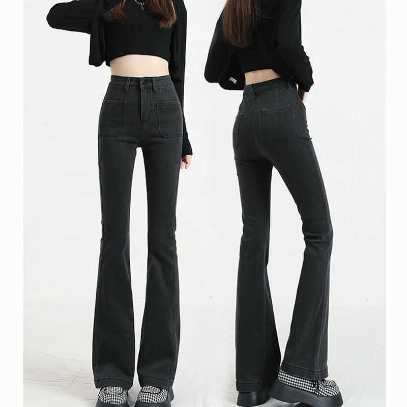 Classic Designer Women Straight Leg Flared Jeans Lady Korean High Waist Solid Denim Pants s Fashion Black Gray Trousers M260317