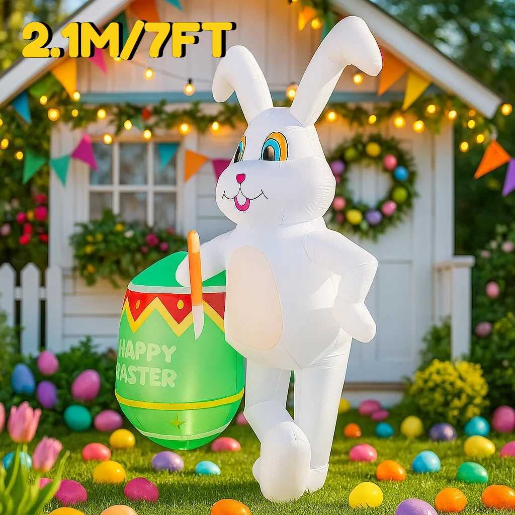7FT Easter Outdoor Inflatable Rabbit Sit On Mushroom Built-in LED Lights Airblown Courtyard Festive Easter Inflatable H260316