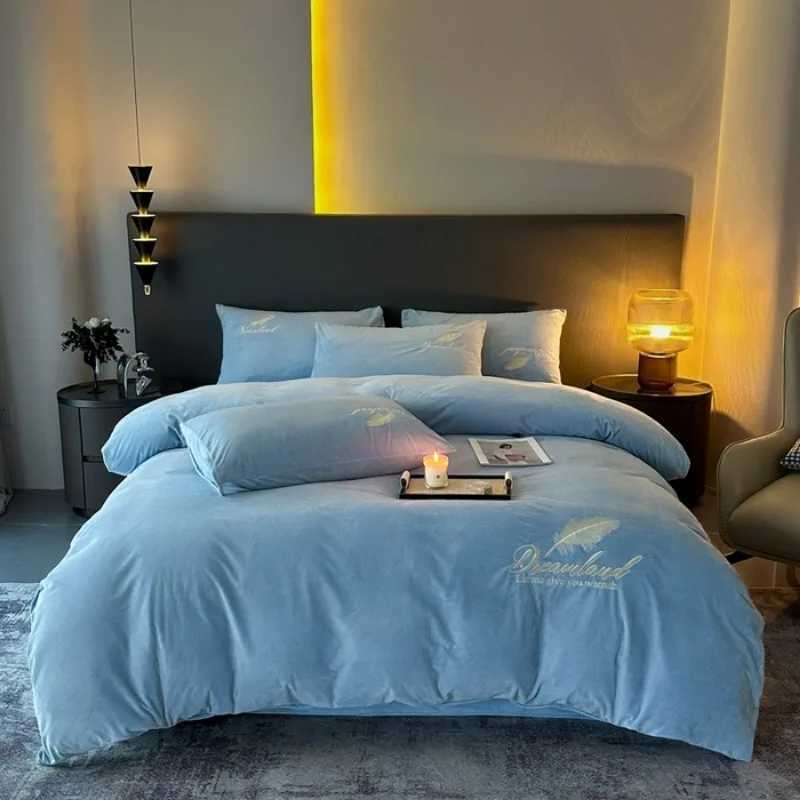 Milk fleece four-piece set towel embroidered quilt cover crystal fleece three-piece set solid color embroidered bedding D260317