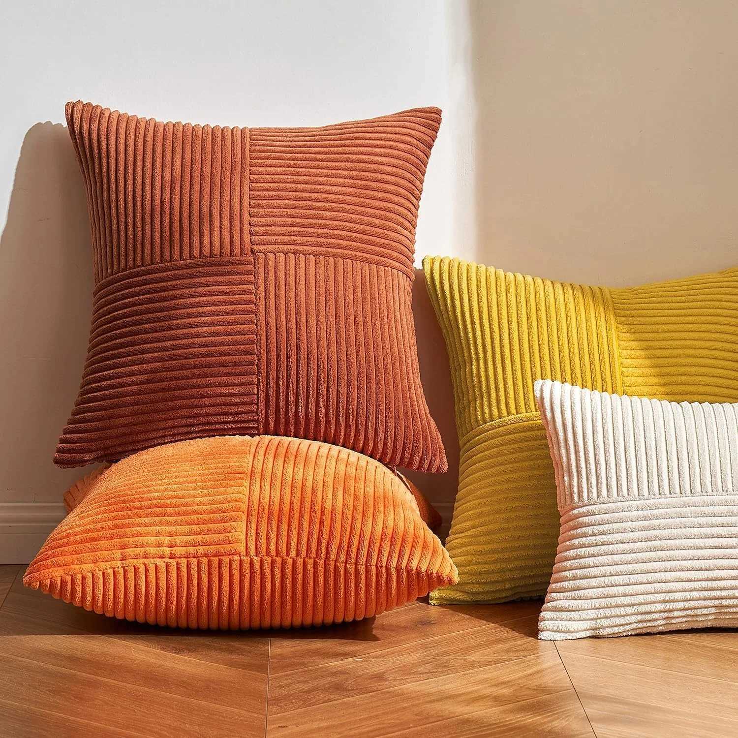 Beige Throw Pillow Covers 18inch Pillowcase Solid Corduroy Striped Cross Patchwork Textured Cushion Covers Home Decor for Couch D260317