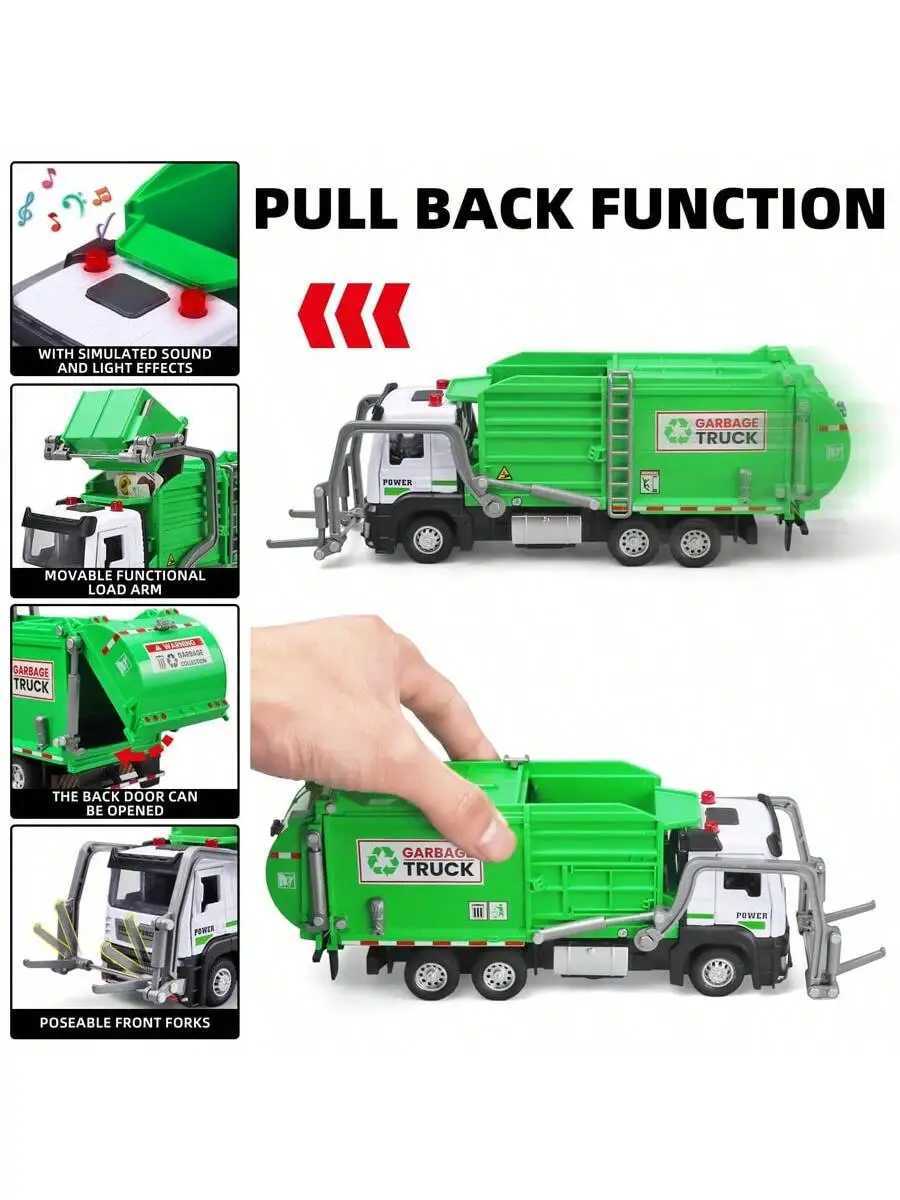 Realistic Garbage Truck Toy Set with Trash Can STEM Learning Cards 6 Years Interactive Pull-Back Vehicle for Boys Girls D260317