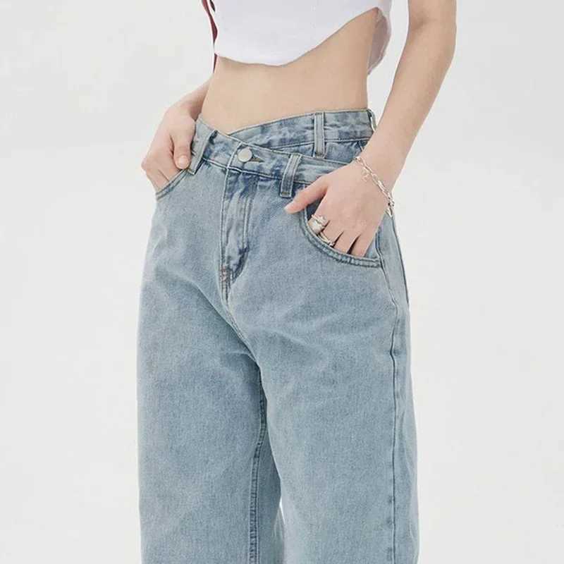 2025 Woman Ins Fashion Cross High Waist Jeans s Streetwear Basic Straight Leg Pants Lady Solid Baggy Wide Leg Denim Trousers M260317