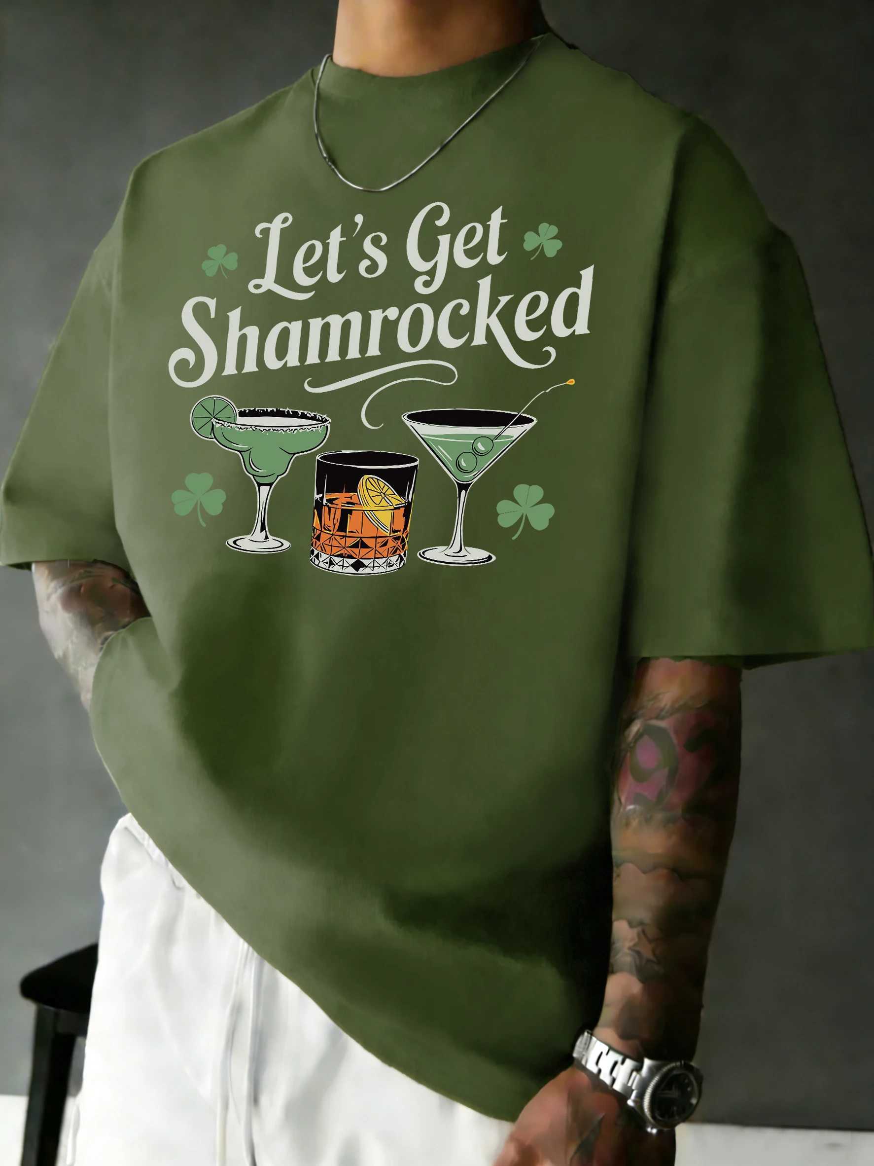 LetS Get Shamrocked Greenprint Man Fashion Simple T-Shirt Casual All-Match Streetwear Cotton Loose Top Sport O-Neck T Shirt M260317