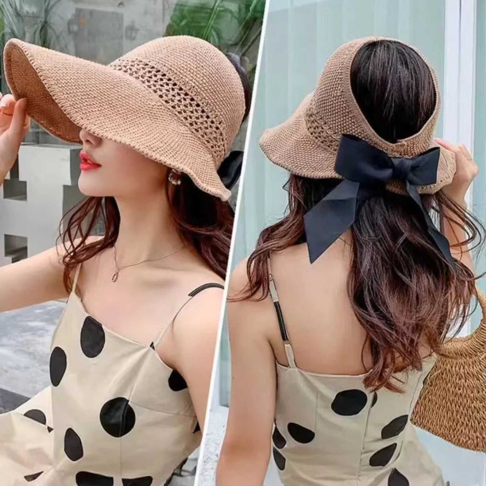 Foldable Women Wide Brim Straw Hat Breathable French Style Sun Hats with Bowknot for Outdoor Travel Photography H260317 - view 6