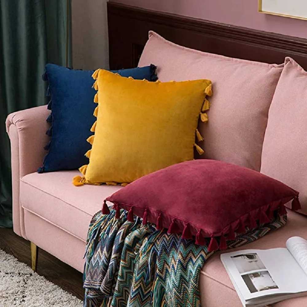 Velvet Soft Solid Decorative Throw Pillow Cover with Tassels Boho Accent Luxury Gift Cushion Case for Couch Bedroom Car Yellow D260317