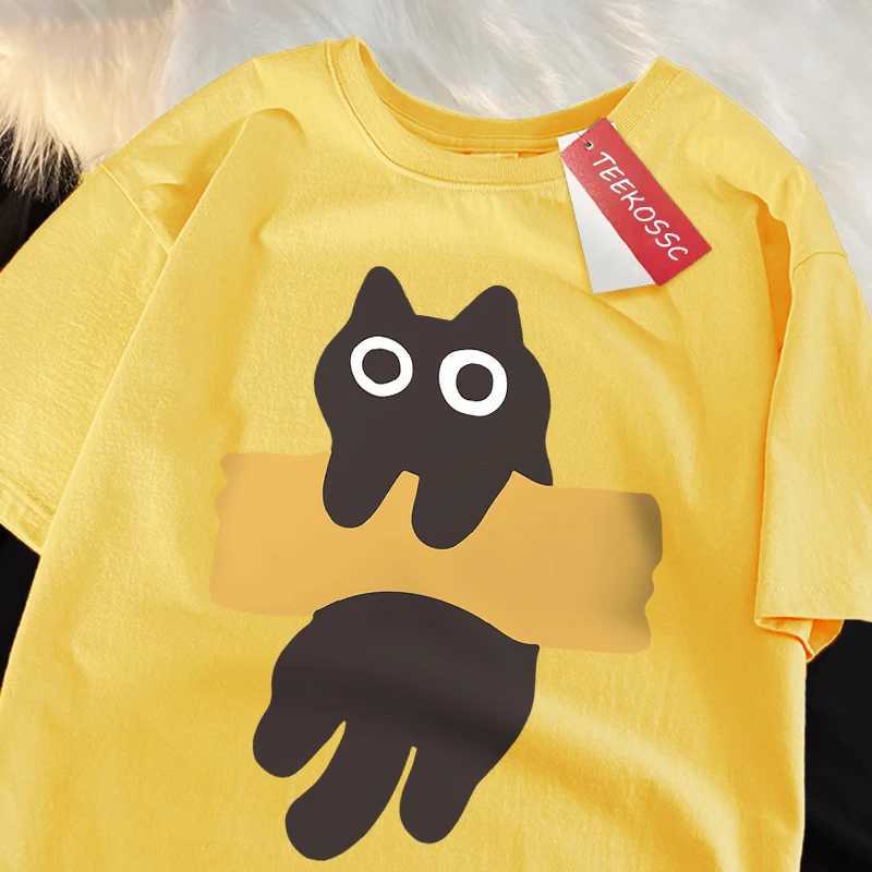 Fun Adhesive Tape Cat Print Japanese Style Short Sleeve Men Women Cotton Oversized T-Shirts Oversized O-Neck New Tops Tees M260317