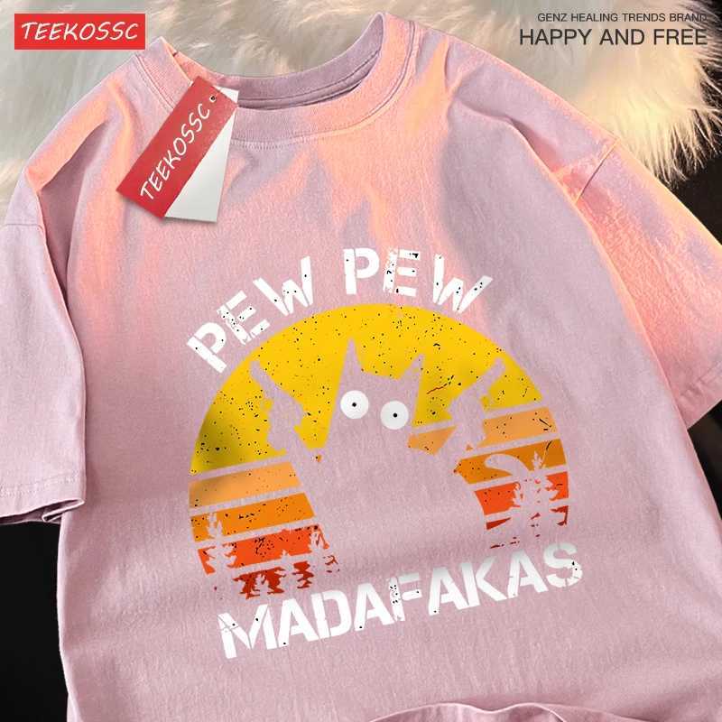Pew Madafakas Cat With Two Guns T-Shirts Man Street Summer Short Sleeve Harajuku Cotton Tshirt Oversized Breathable Tops M260317