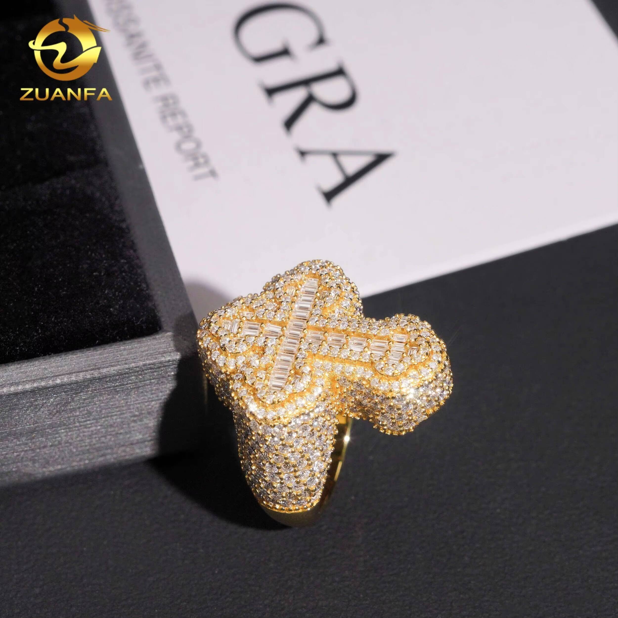 New Style 925 Sterling Silver Hip Hop Gold Plated Mens Iced Out Cross VVS Moissanite Ring