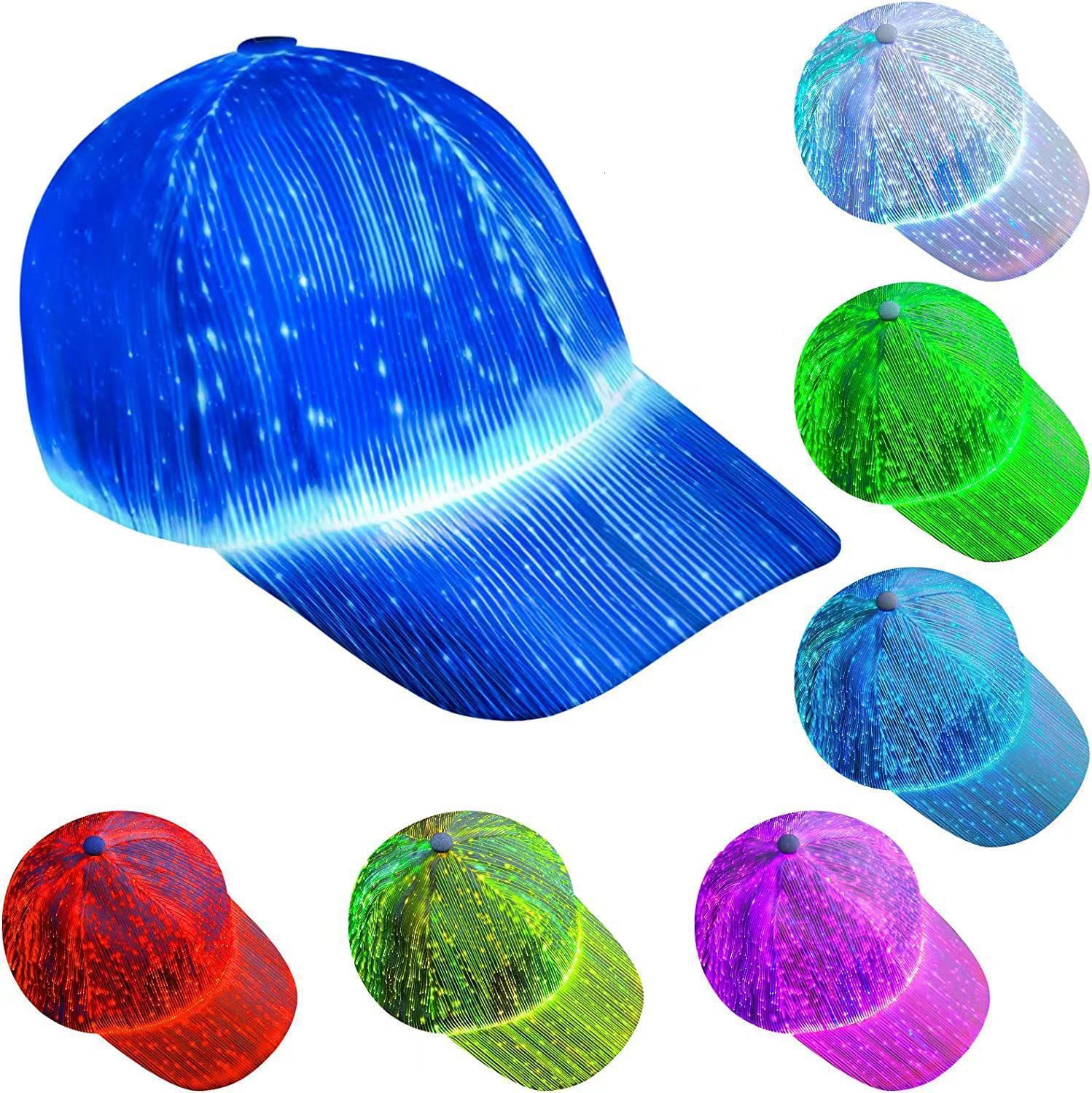 Fiber Optic Glowing Hat for Men and Women, Night Out Adult Hat, Round Top Brim, Multicolor LED Light Source Colorful
