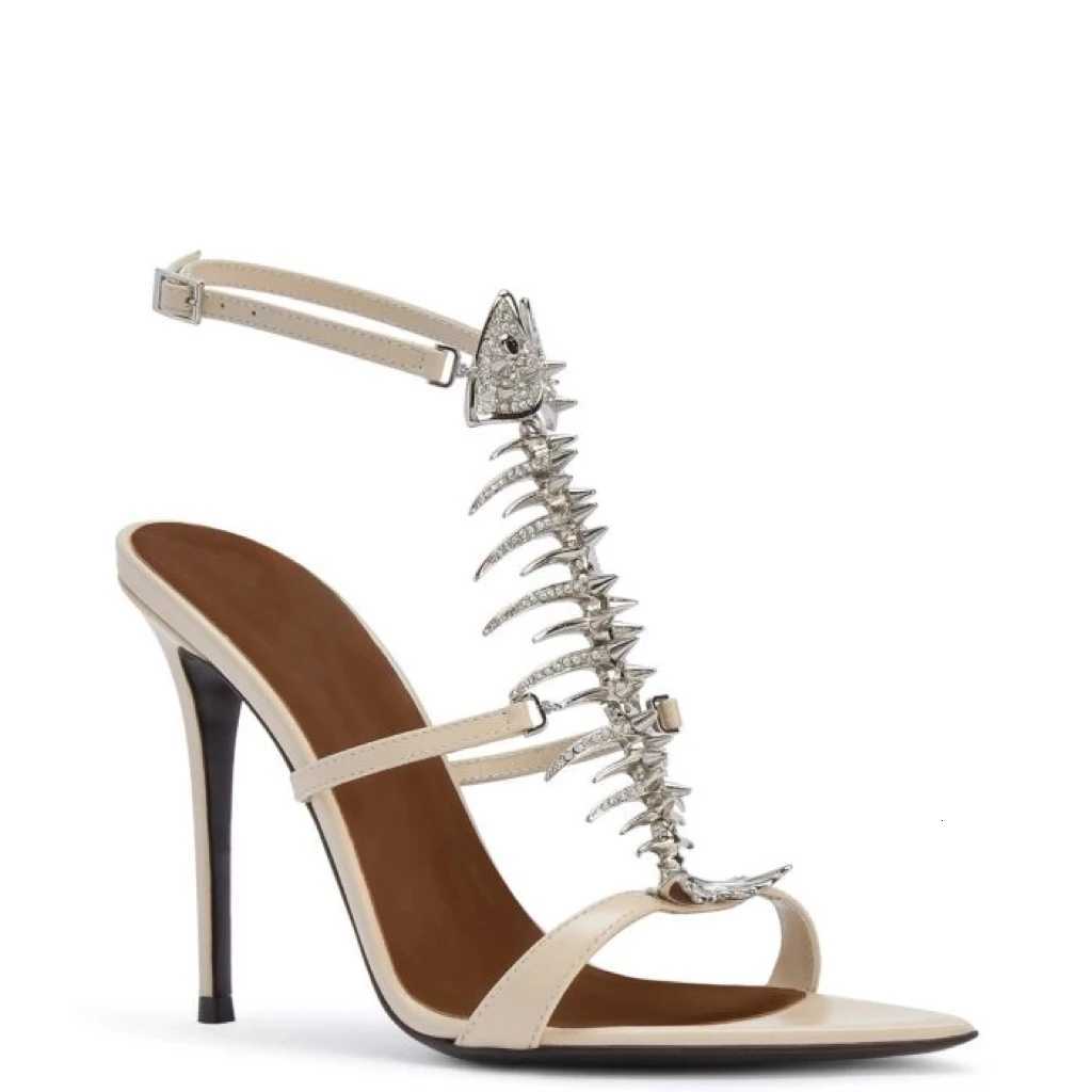 2026 Spring/Summer New Womens Fishbone Rhinestone Embellished Sandals Stiletto Pointed Toe T Strap Modern Evening Sandals K260317