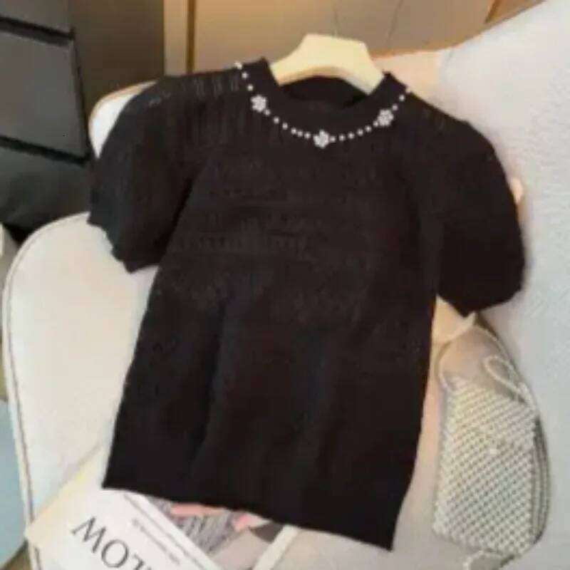 Spring Summer Thin Sweaters Women Tops Beading Flowers Hollow Out Pullovers Korean Fashion Solid Pulls Femmes
